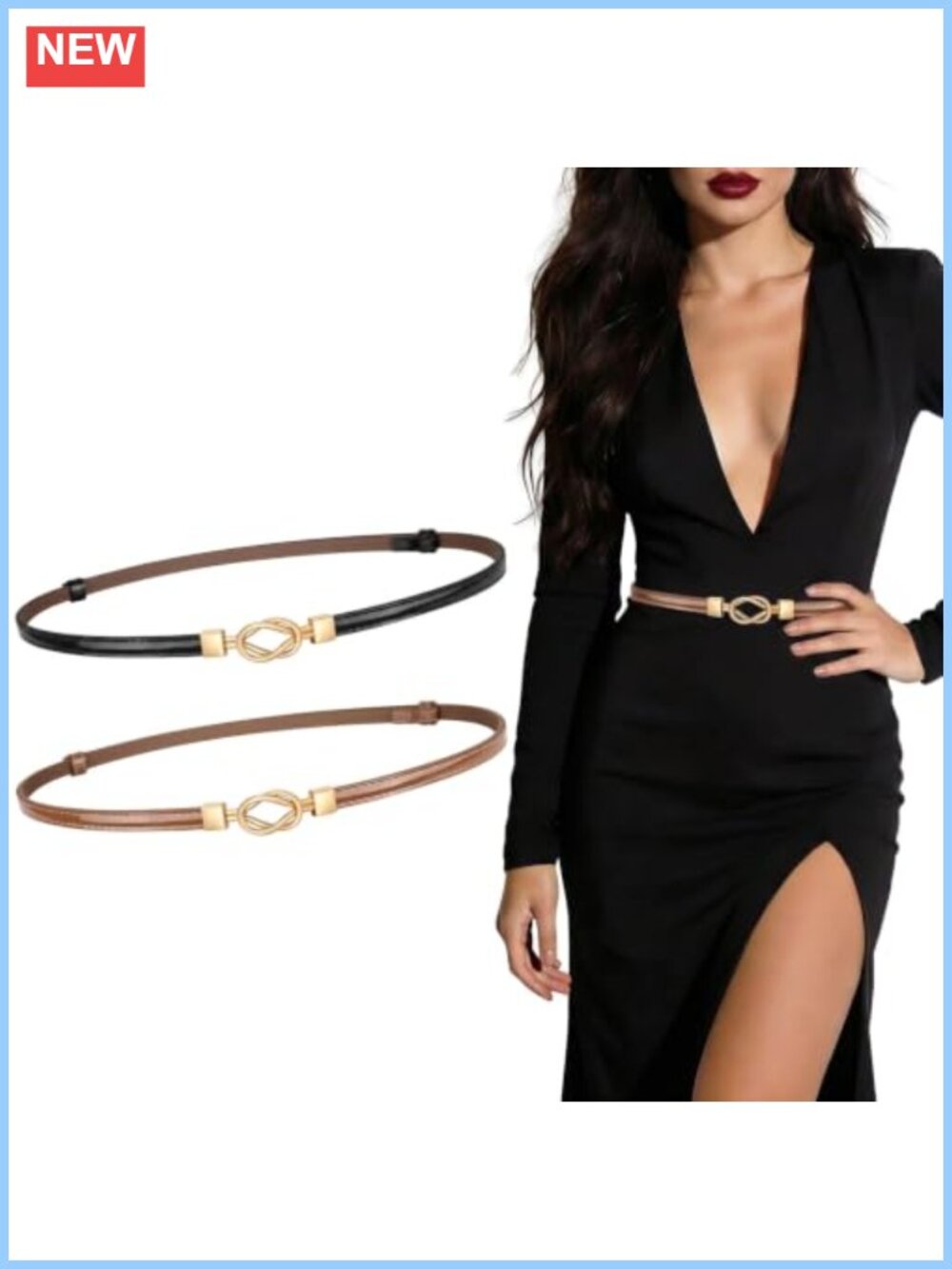 Women's Skinny Leather Waist Belt with Gold Buckle Adjustable Thin Dress Belt